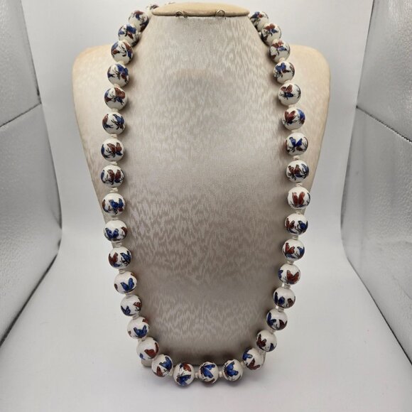 Porcelain Hand Painted Butterfly Beaded Necklace Vermeil Clasp - Picture 2 of 5